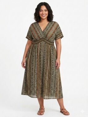 BloomChic Olive & Tan Striped V-Neck Midi Dress